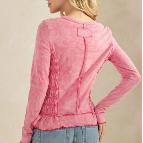 SF22 Navy or Pink Sage&Fig Smocked Peplum Long Sleeve Top - Picture 4 of 5